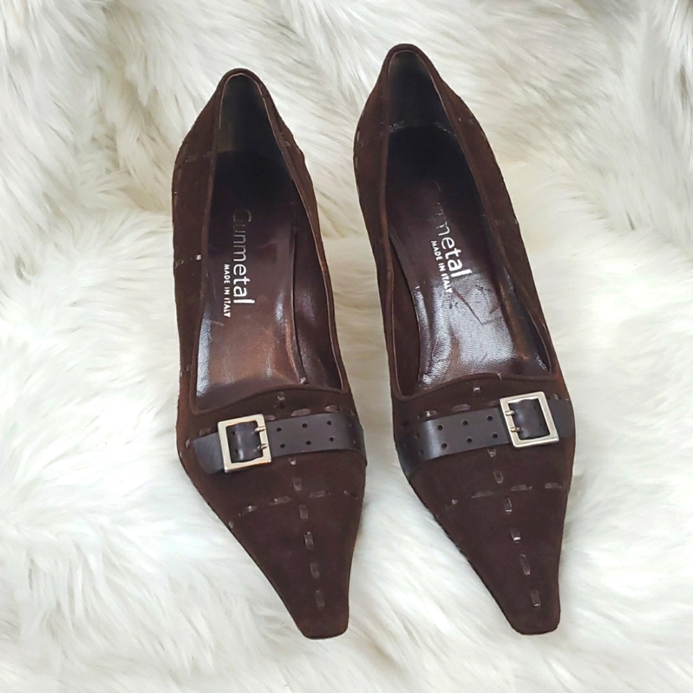 Gunmetal Suede Front Buckle Heel shoes women size 36.5